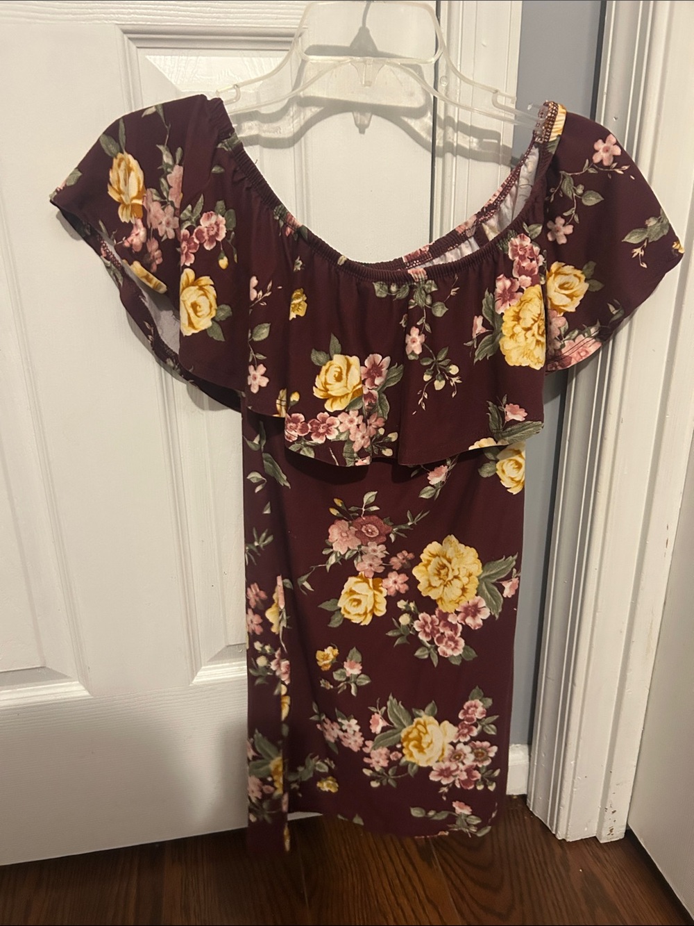 Off-Shoulder Floral Midi Dress in Burgundy